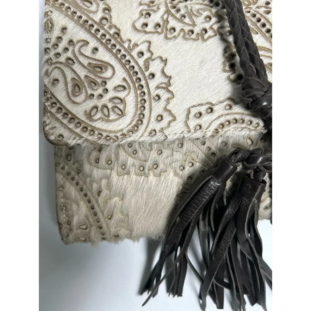 Penelope Chilvers Paisley Hair on Hide Leather Clutch Wrap Bag Boho Tassel Cream